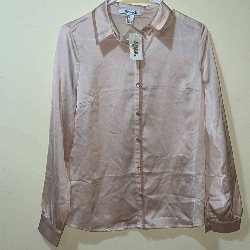 Womens New Forever 21 Woven Shirt Long Sleeve Peach/ Taupe